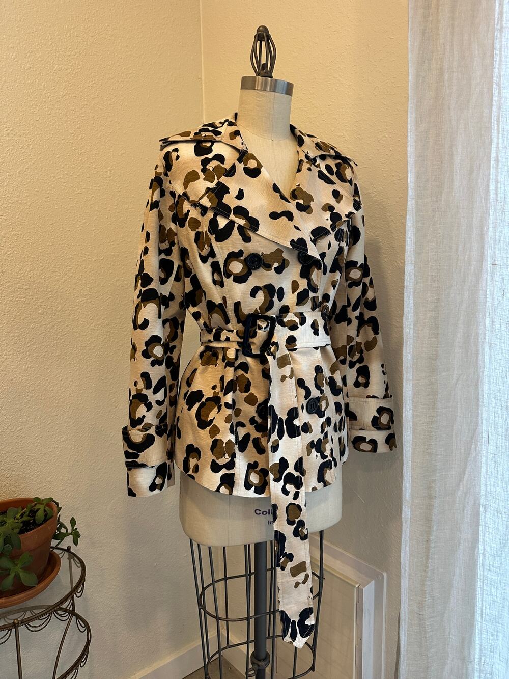 Marina Luna Women’s Small Leopard Print Silk Blend Trench Jacket
